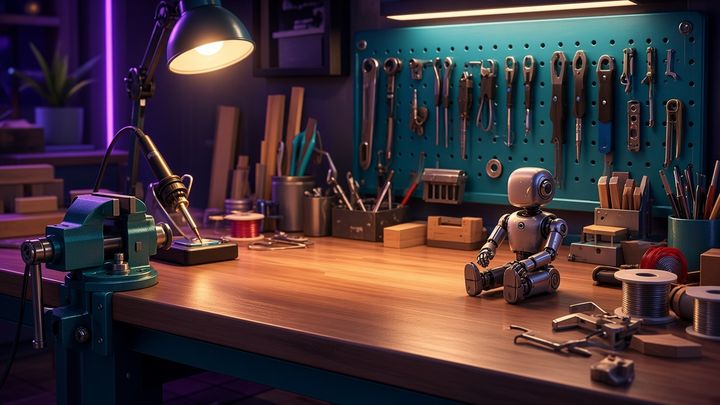 DIY workbench with tools and a small robot