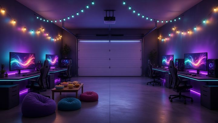Empty garage LAN with string lights