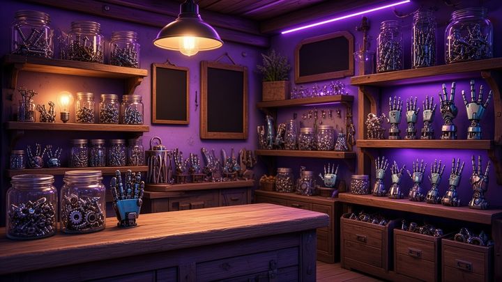 Maker shop with jars of parts and robot hands