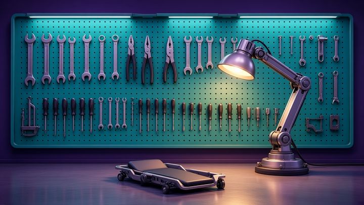 Teal tool wall with a shop lamp
