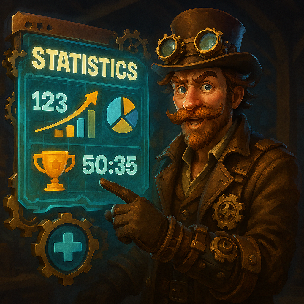Steampunk character pointing out stats