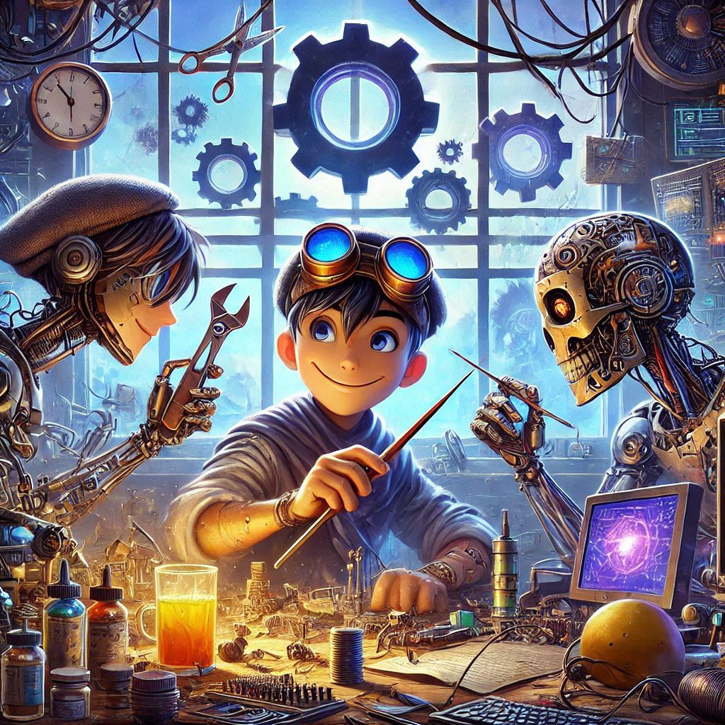 Illustration of Randall happily working with AI