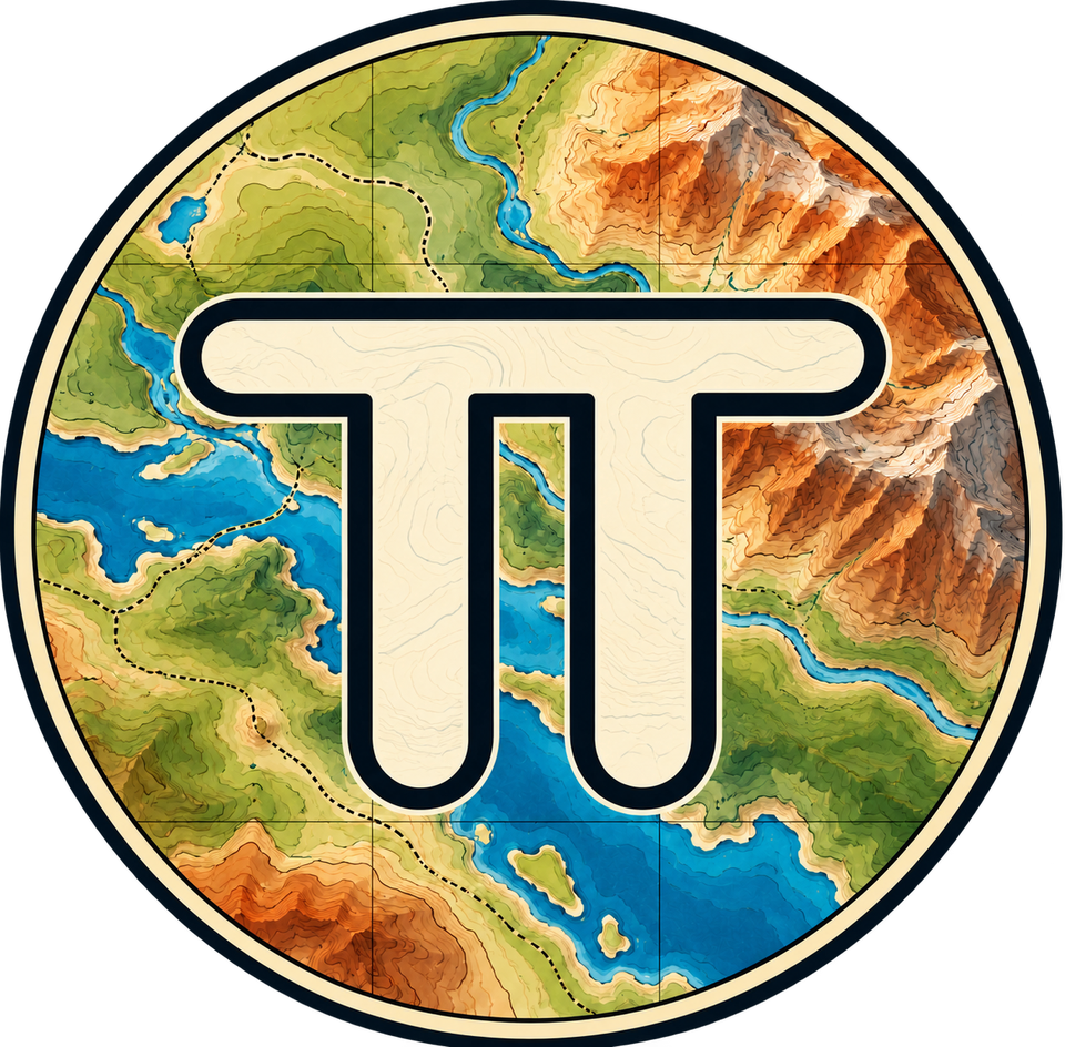 TerraTinkers logo: a circular topographic map crossed by a pi symbol